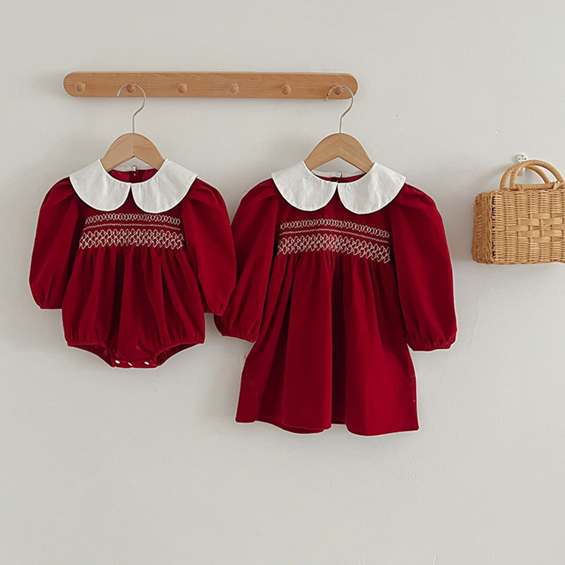 Doll Neck Red Long Sleeve Fashion Onesies &amp; Dress-5