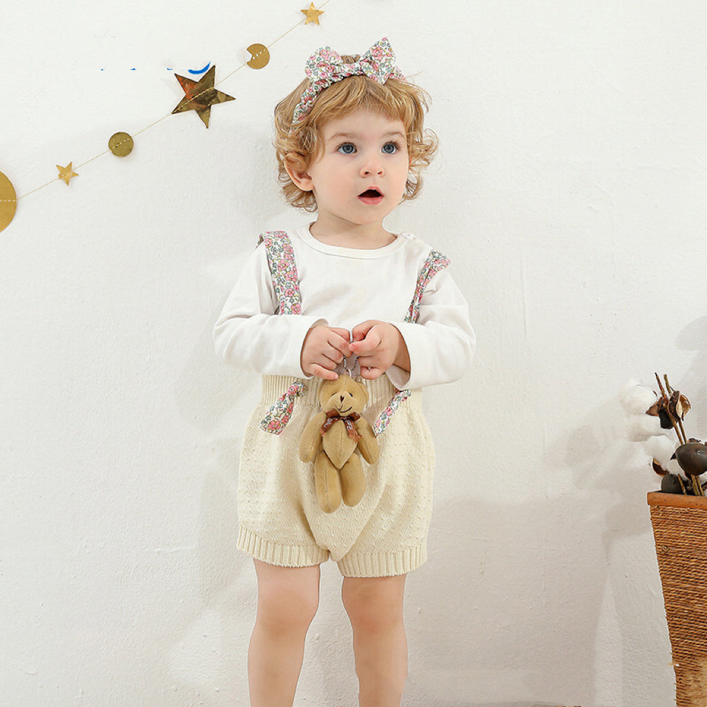 Baby Girl Ditsy Flower Sling Knitted Shorts Overalls With Headband-6