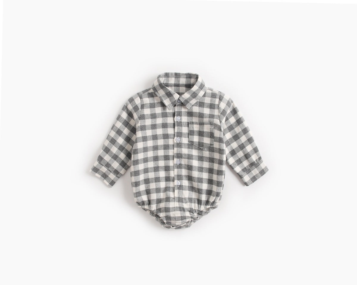 Baby Boy Plaid Pattern Buttoned Shirt With Pockets Long Sleeve Onesies In Autumn-5