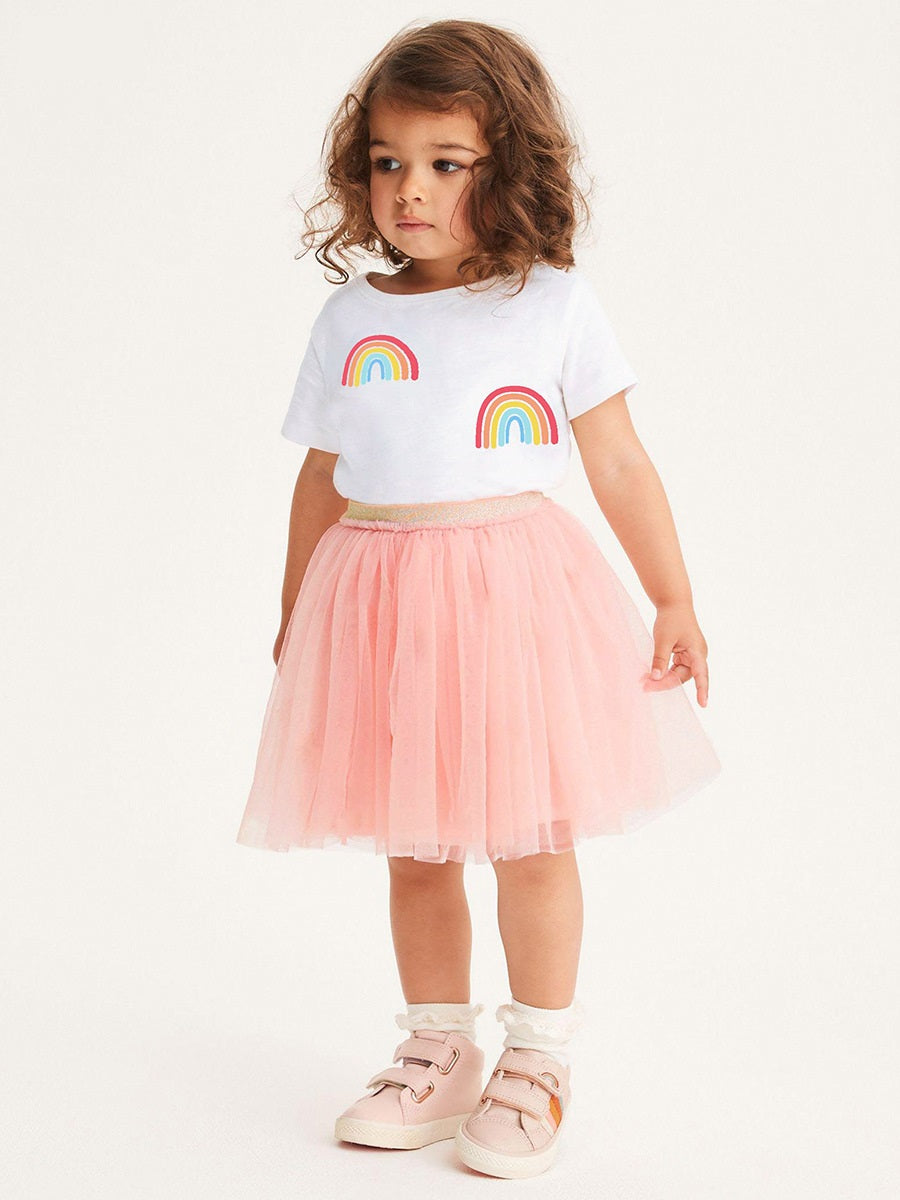 Summer Baby Kids Girls Rainbow Print T-Shirt And Solid Color Mesh Skirt Clothing Set-0