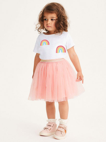 Summer Baby Kids Girls Rainbow Print T-Shirt And Solid Color Mesh Skirt Clothing Set-0