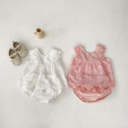 Summer Hot Selling Baby Girls Sleeveless Solid Color Hollow Out Design Strap Top Dress And Bloomers Clothing Set-5