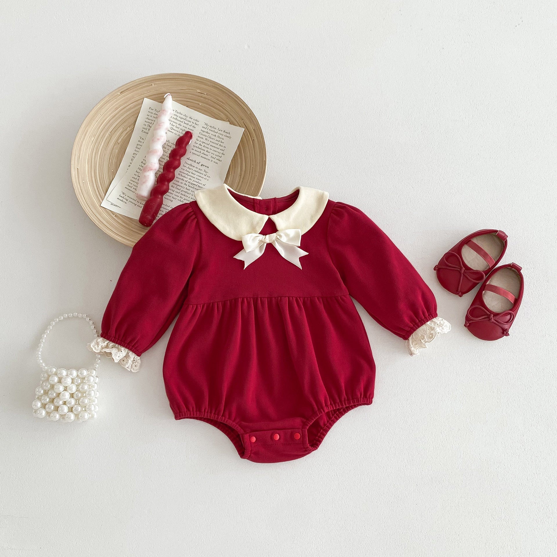 Spring Red Long Sleeves Onesie With White Collar For Girls-0