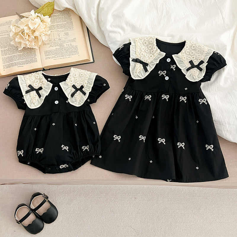 New Design Summer Baby Kids Girls Floral Pattern Collar Short Sleeves Bows Embroidery Onesies And Girls’ Dress – Princess Sister Matching Set-5