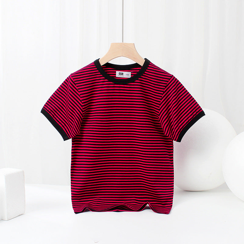 Baby Striped Pattern Crewneck Short Sleeve Cotton T-Shirt-6