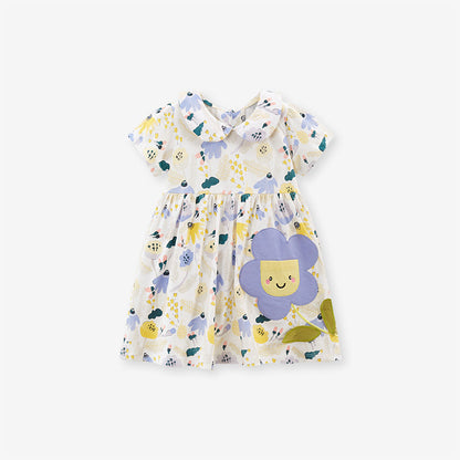 Baby Girls Peter Pan Collar Short Sleeves Floral Dress-0