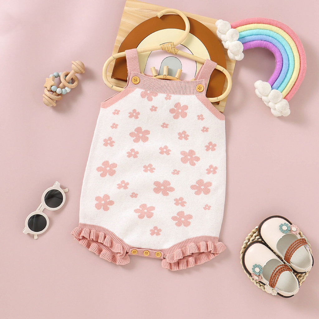 Baby Floral Pattern Ruffle Design Sling Knitted Onesies-5