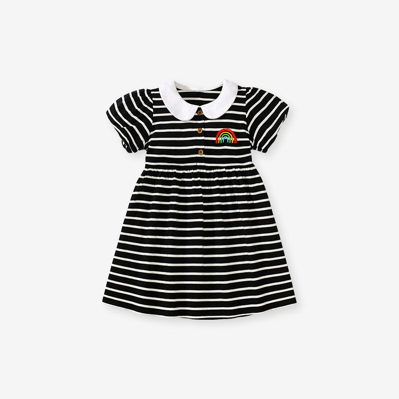 Baby Girls Peter Pan Collar Short Sleeves Striped Rainbow Logo Dress-0