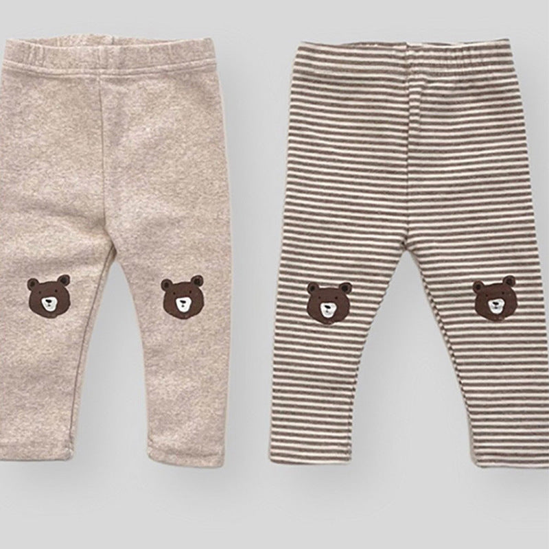 Baby Cartoon Bear Pattern Solid Color Or Striped Design Cotton Pants-0