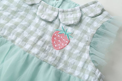 Baby Girl 1pcs Plaid Graphic Strawberry Embroidery Mesh Overlay Floral Neck Dress-6