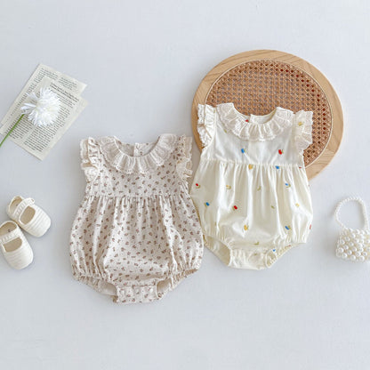 Hot Selling Summer Baby Kids Girls Floral Pattern Sleeveless Hollow Out Collar Onesies-0