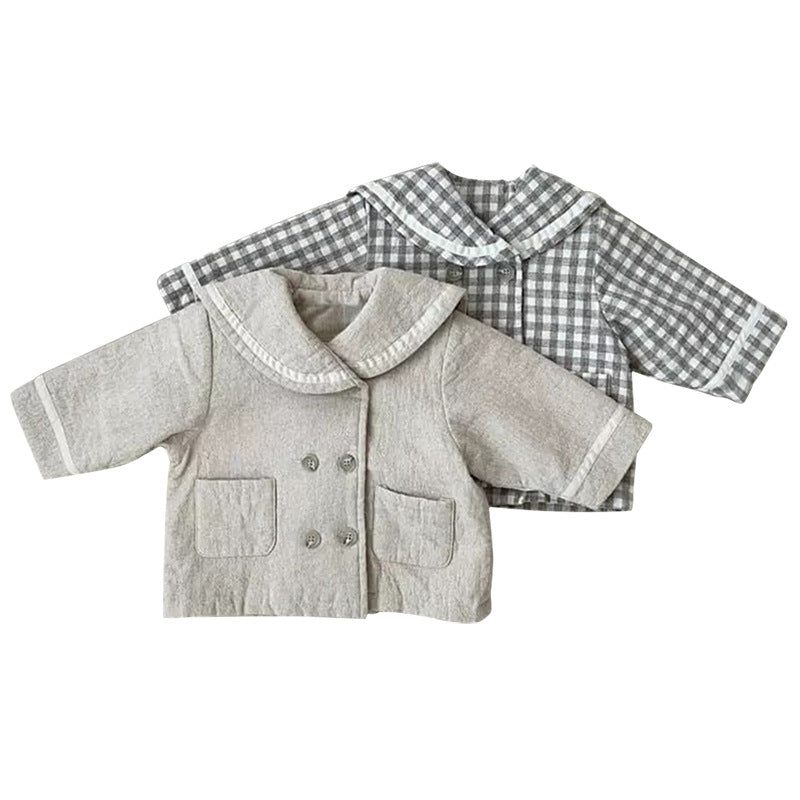 Baby Plaid Pattern Solid Color Lapel Design Cute Style Quilted Coat-6