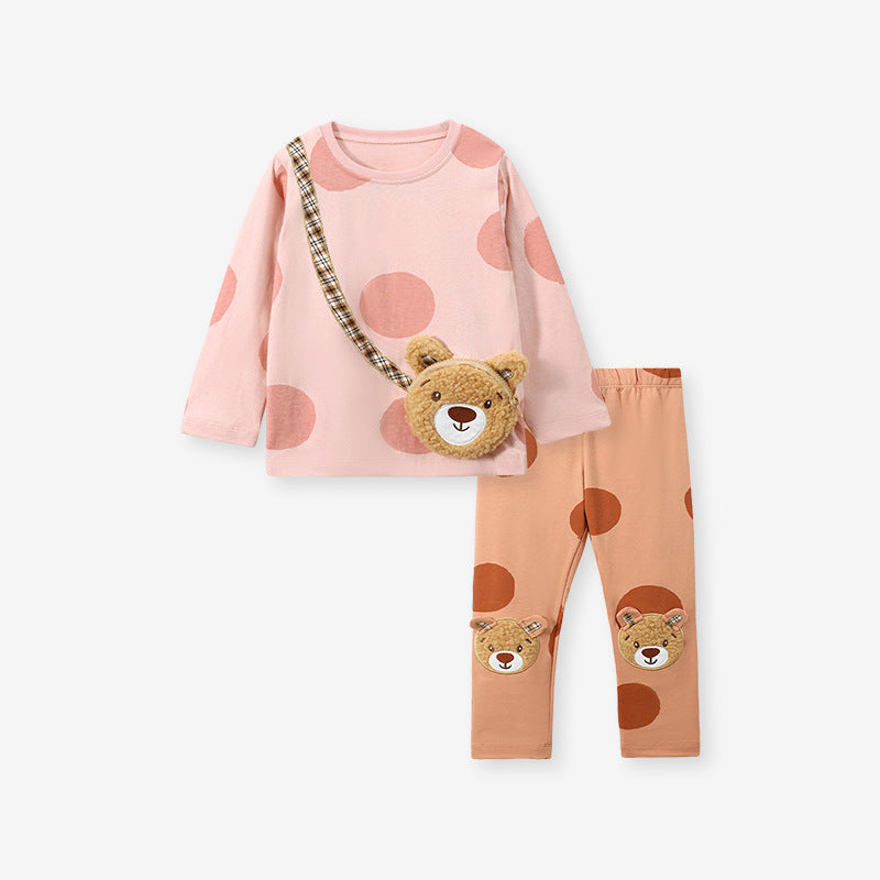 Spring Girls Teddy Bear Pocket Bag Top Sweatshirt And Pants 2-Piece Set-0