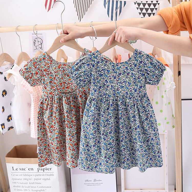 Best Selling Summer Baby Kids Girls Dense Floral Pattern Short Sleeves Dress-0