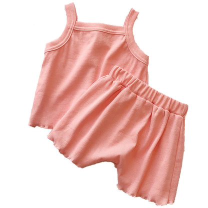 Baby Girl Solid Color Sleeveless Vest With Shorts Sets-6