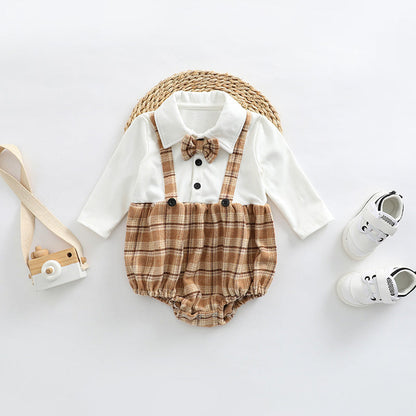 Baby Plaid Pattern False 1 Pieces Design Bow Tie Decoration Bodysuit-5