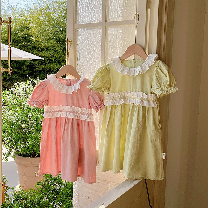 New Arrival Summer Kids Girls Short Sleeves Ruffle Collar Princess Dress-5