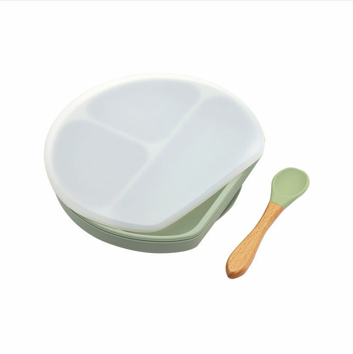 Baby Silicone Compartment Plate With Wooden Spoon-6