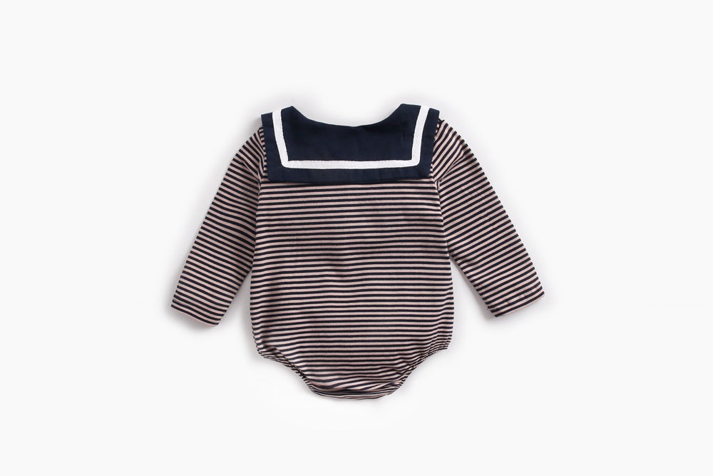 Baby Girl Striped Pattern Sailor Collar Design Fashion Long Sleeves Bodysuit Onesie-6