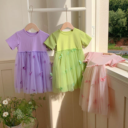 Summer Baby Kids Girls Princess Crew Neck Short Sleeves 3D Butterfly Mesh Patchwork Dress-6