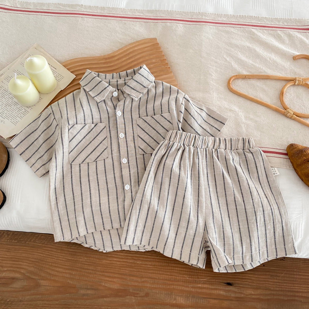 Spring Baby Kids Unisex Striped Top Shirt And Shorts Clothing Set-0