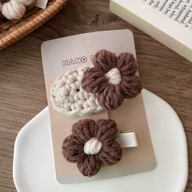 Adorable Handcrafted Knitted Hair Accessories For Children And Teens: Beige Floral Hair Clip And Plush Hairband-6