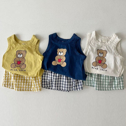 Baby Bear Print Pattern Tops With Plaid Shorts Sets-0