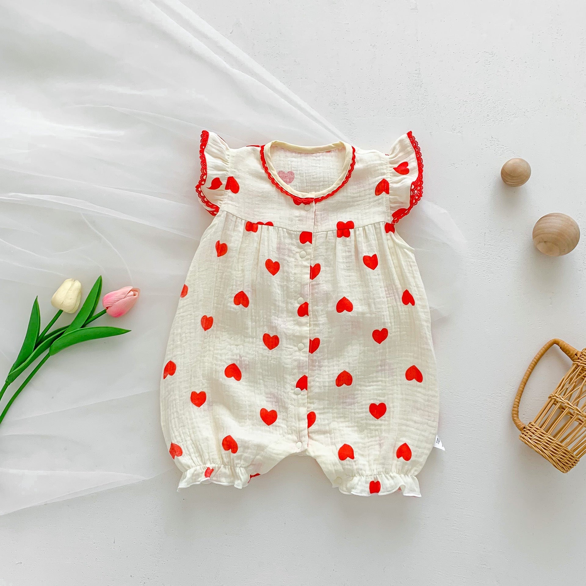 Best Selling Summer Baby Kids Girls Red Heart Pattern Fly Sleeves Romper-0