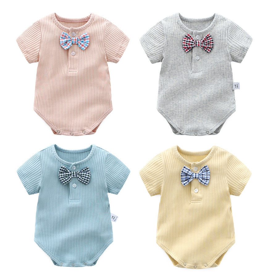 Baby Boy And Girl Solid Color Bow Tie Design Short Sleeve Buttoned Onesies-0