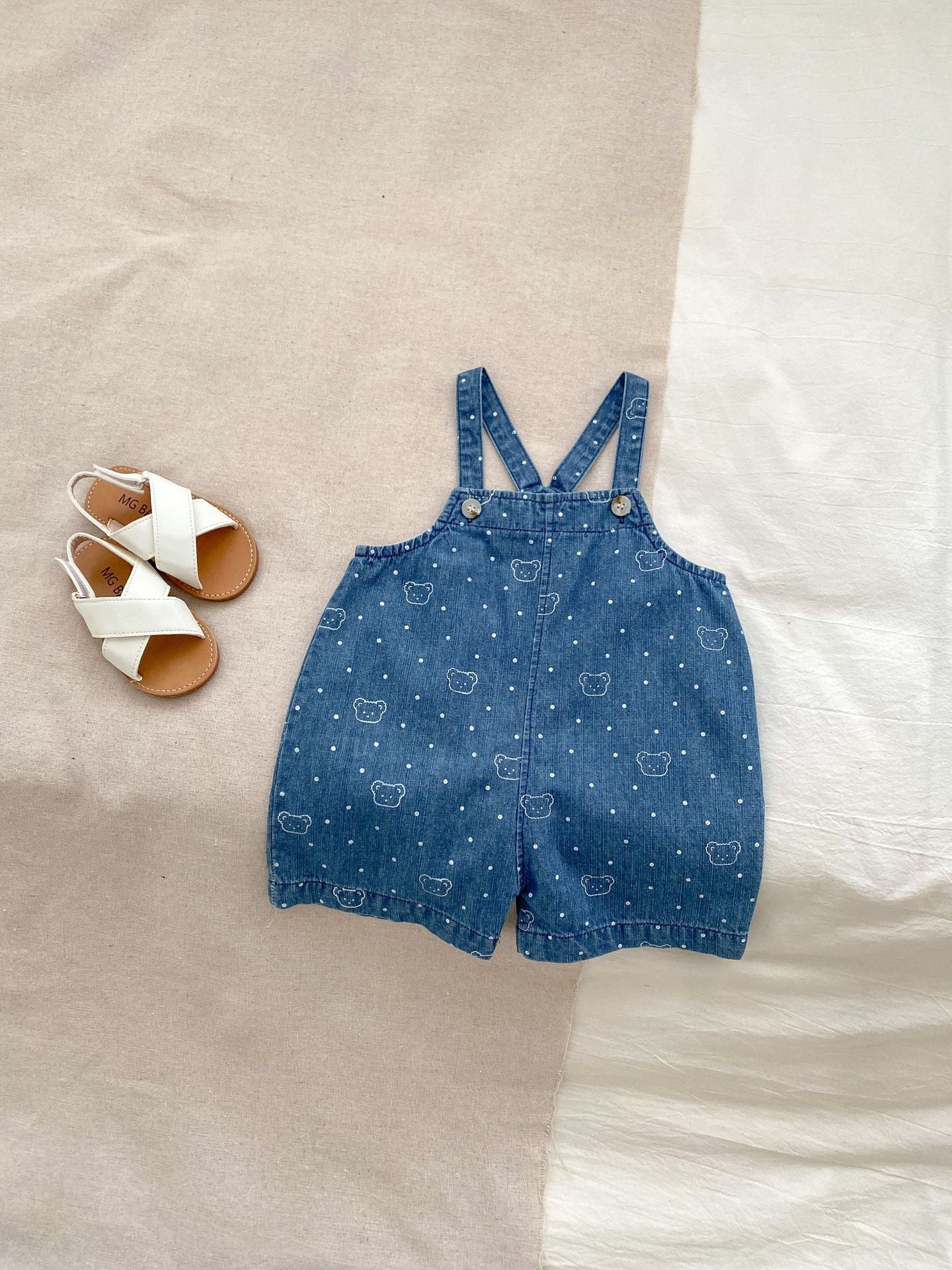 Summer Baby Kids Unisex Teddy Print White Dots Denim Overalls-1