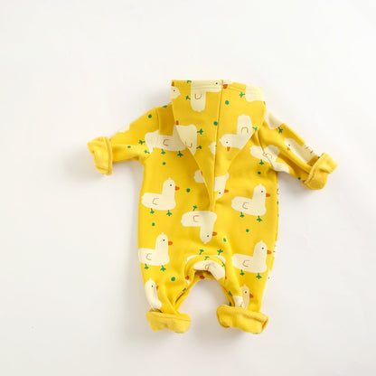 Baby 1pcs Cartoon Duck Print Button Front Rompers &amp; Onesies With Triangle Hats-3