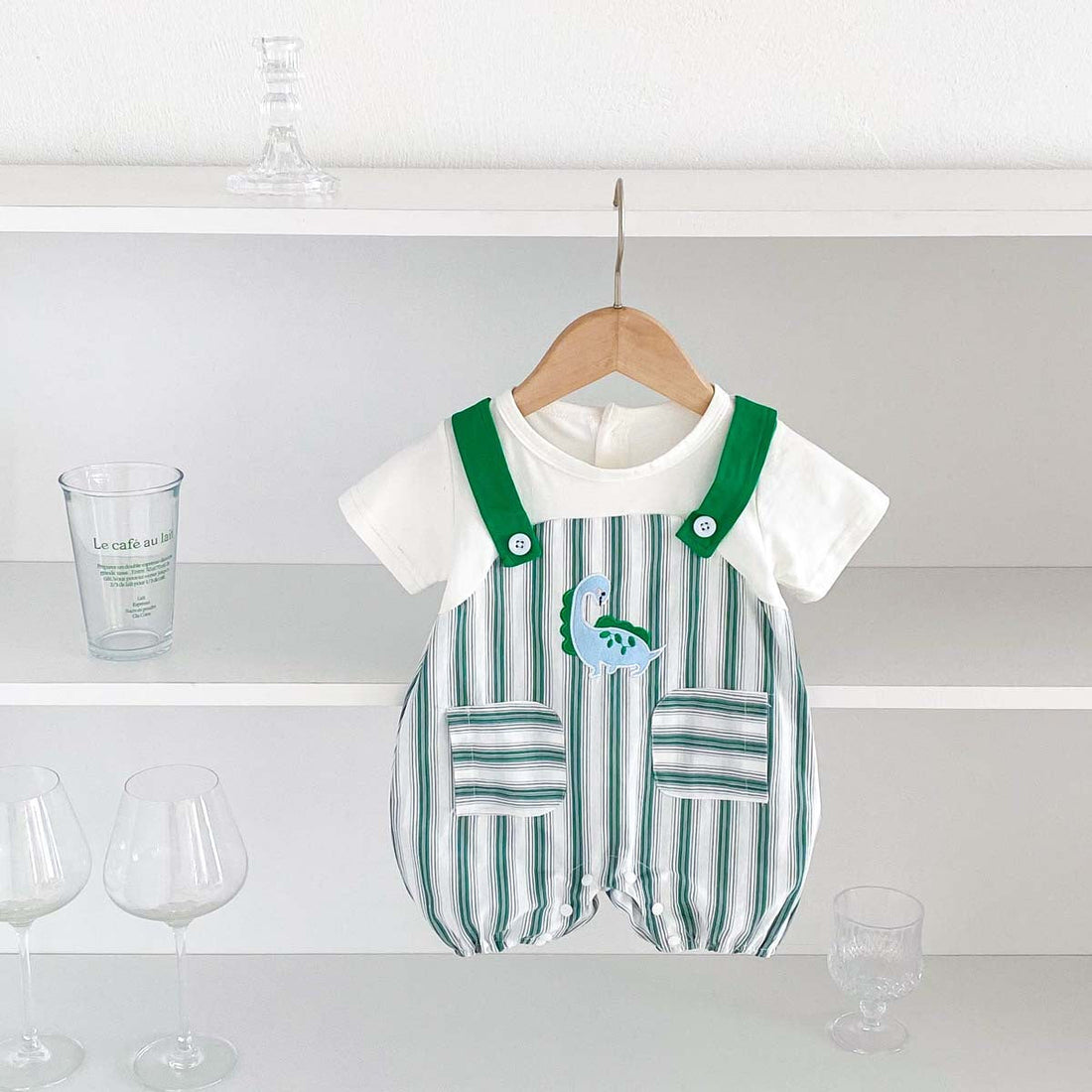 New Design Summer Baby Unisex Green Striped Sleeveless Overalls Onesies And Short Sleeves T-Shirt Clothing Set-0