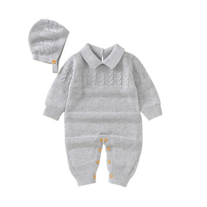 Baby Solid Color Crochet Knit Design Lapel Knit Jumpsuit-6