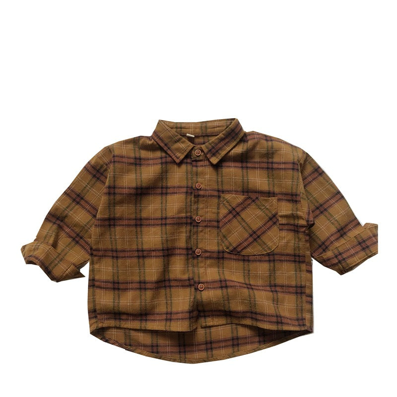 Baby Plaid Pattern Vintage Style Lapel Design Shirt-1