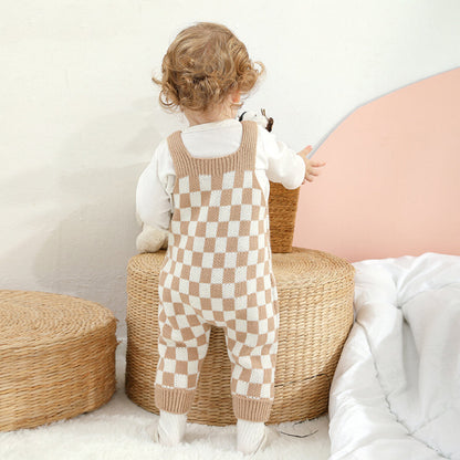 Baby Checkerboard Pattern Strap Design Knit Spring Autumn Rompers-5