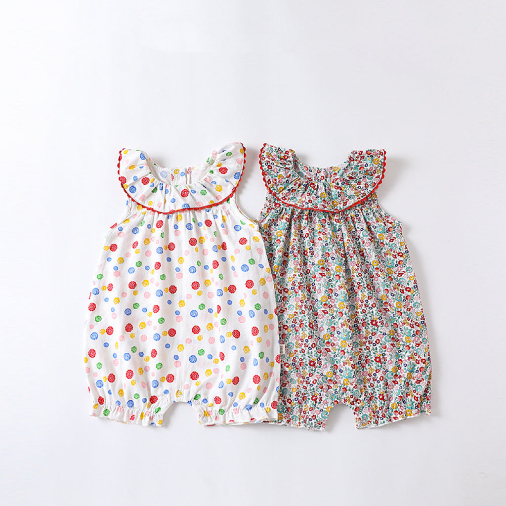 Baby Floral Pattern Ruffle Neck Sleeveless Rompers-0