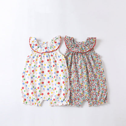 Baby Floral Pattern Ruffle Neck Sleeveless Rompers-0