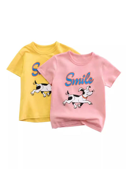 Smiling Dogs Cartoon Print Girls’ T-Shirt In European And American Style For Summer-0