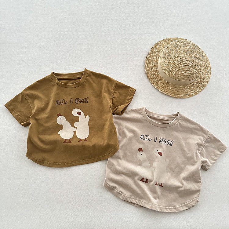 Summer New Arrival Kids Unisex Soft Comfortable Short Sleeves Silly Duck Pattern Top Casual T-Shirt-0