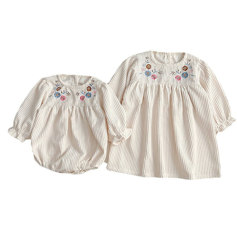 New Spring/Autumn Baby Onesies And Dress For Girls With Long Sleeves And Embroidered Flowers – Princess Sister Matching Set-6