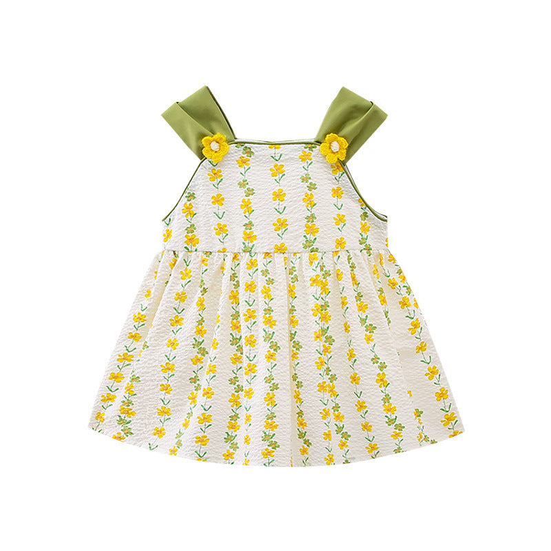 Summer Girls Yellow Floral Pattern Sleeveless Strap Onesies And Girls’ Dress – Princess Sister Matching Set-1