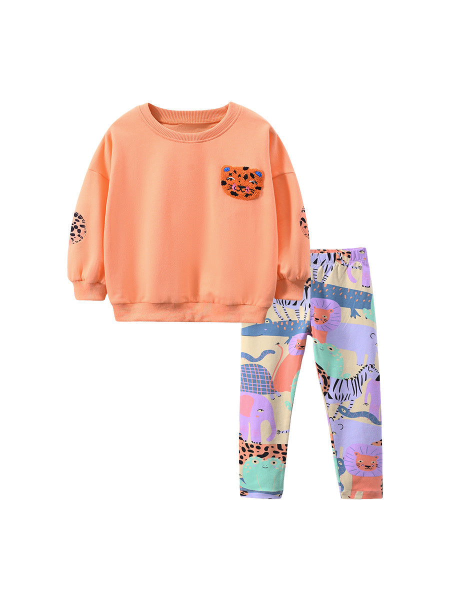 Girls Animals Cartoon Collection Design Top Pullover And Pants Set-0