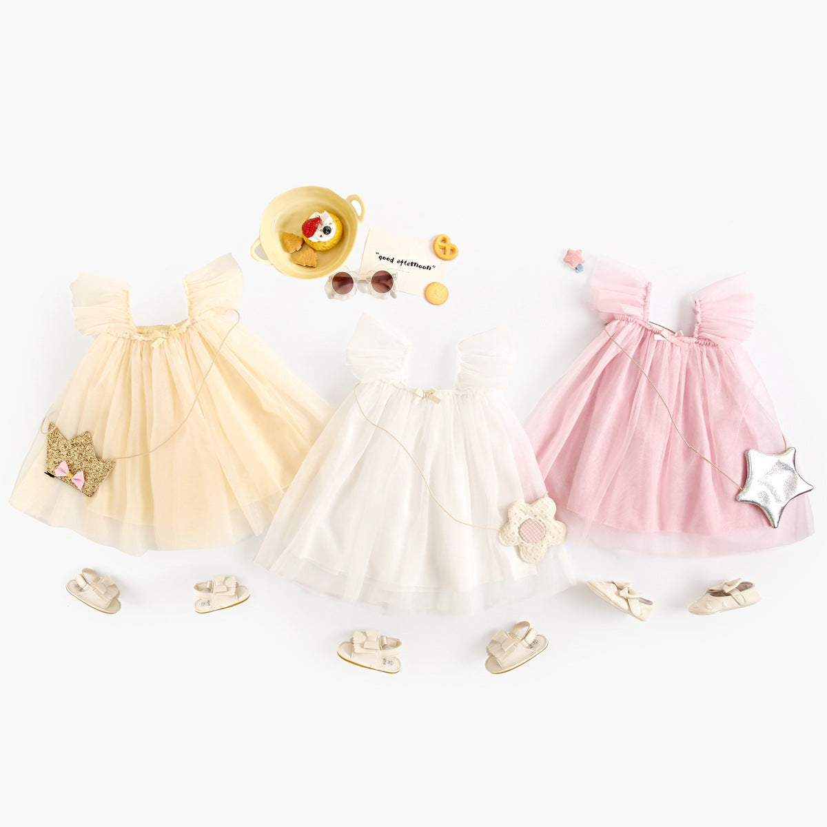 Summer New Arrival Baby Girls Holiday Solid Color Princess Square Neck Mesh Strap Dress-0