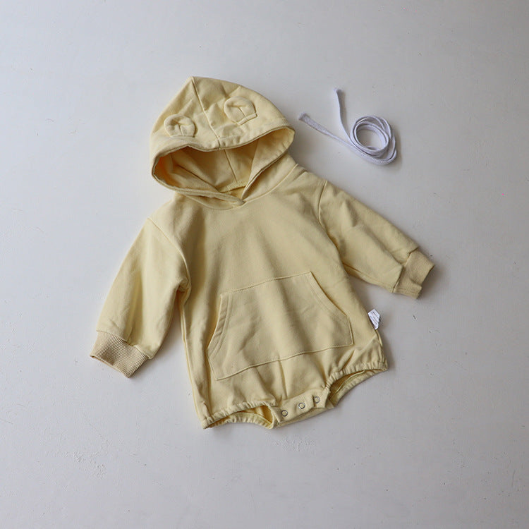 Baby 1pcs Solid Color 3D Bear Ears Patched Design Hoodie Triangle Cotton Bodysuit Onesies-6