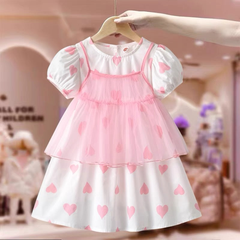 Summer Kids Girls Short Sleeves Heart Print Sweet Mesh Princess Dress-5