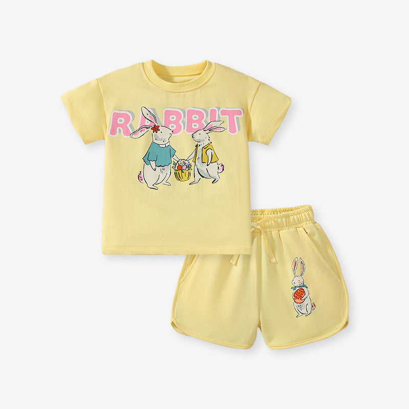 Summer Baby Kids Girls Rabbits Cartoon Print T-Shirt And Shorts Clothing Set-1