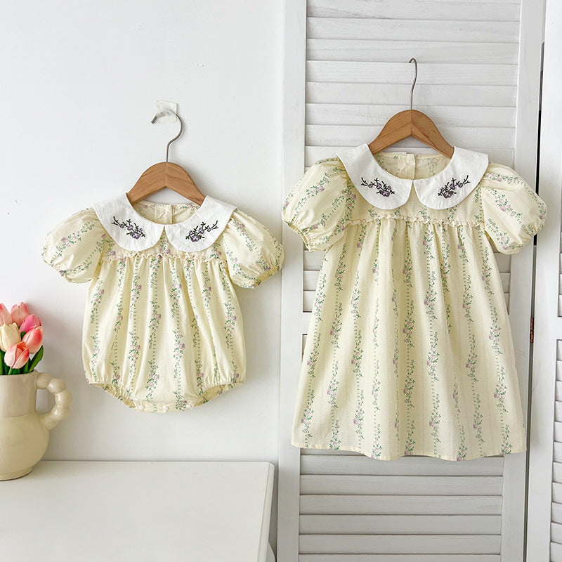 New Design Summer Baby Kids Girls Floral Striped Pattern Short Sleeves Embroidered Onesies And Girls’ Dress – Princess Sister Matching Set-5