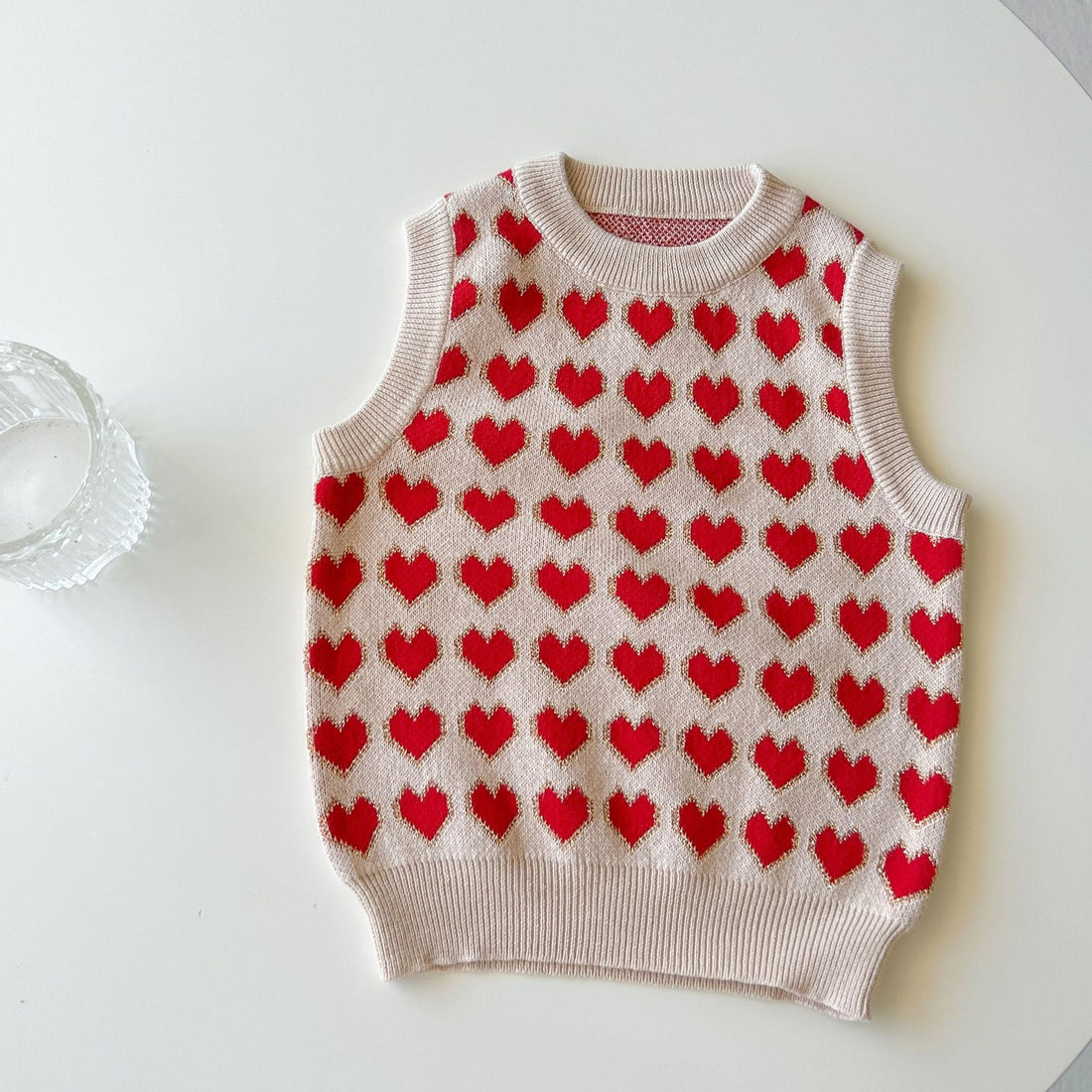 Baby Girl Heart Pattern Round Neck Sleeveless Knit Vest-0