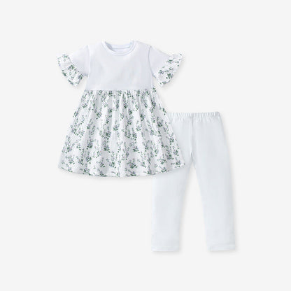 Summer Baby Kids Girls Floral Print Patchwork Dress And White Pants Clothing Set-1