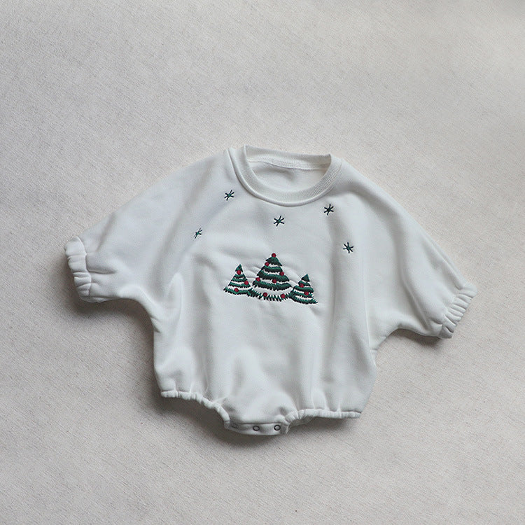 Baby Christmas Tree Embroidered Pattern Long Sleeve Fleece Winter Onesies-0